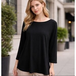 Eileen Fisher Rounded Hem Tunic Top Womens Medium Boat Neck 3/4 Sleeve Black